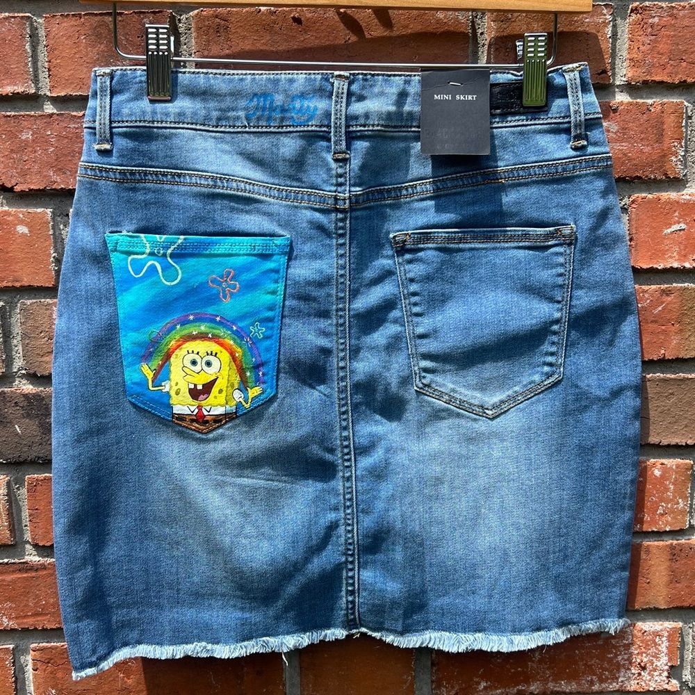 NWT Hand-painted SpongeBob Denim Skirt Size 2